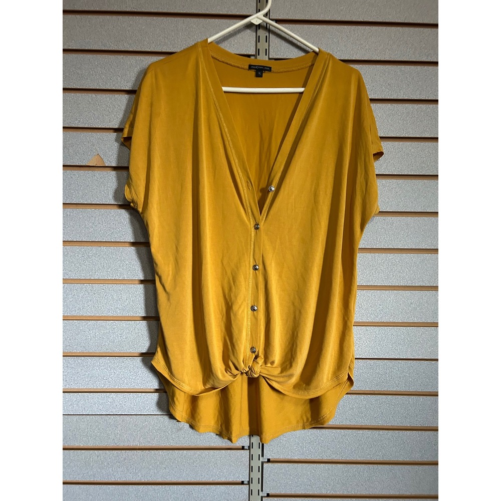 MMCMMCMM Womens XL Mustard Yellow Button Front Knot Tie High Low Top USA Made